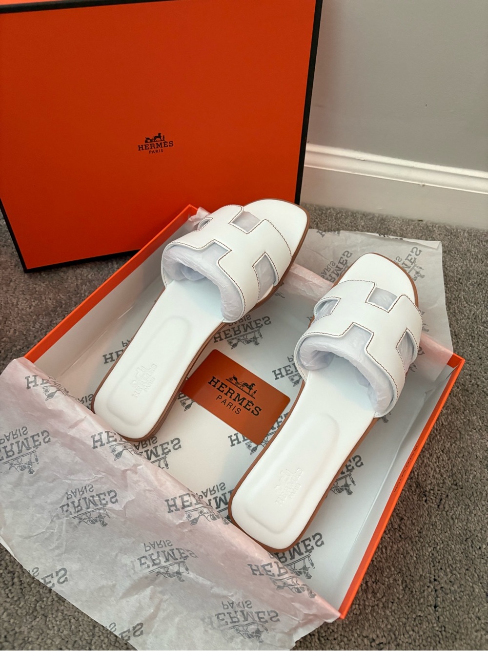 Hermes White Oran Leather Slide Sandals